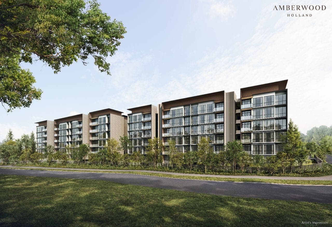 Developer render of the six-storey blocks behind a line of trees, seen across the road from Holland Green Linear Park