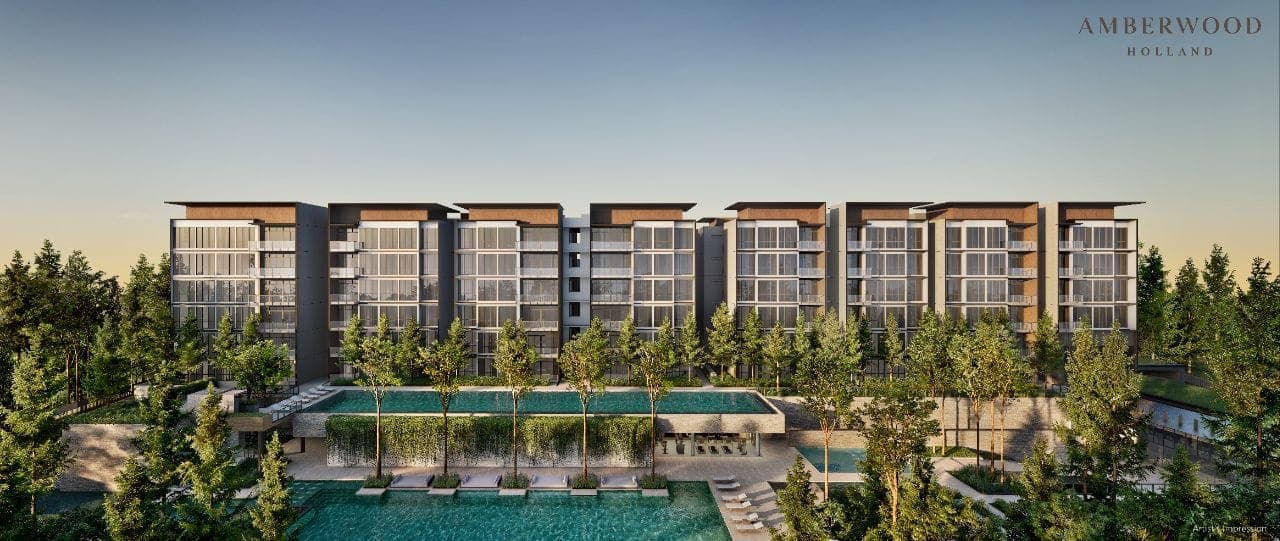 Developer render of the full row of blocks above the pools and landscaped decks in evening light