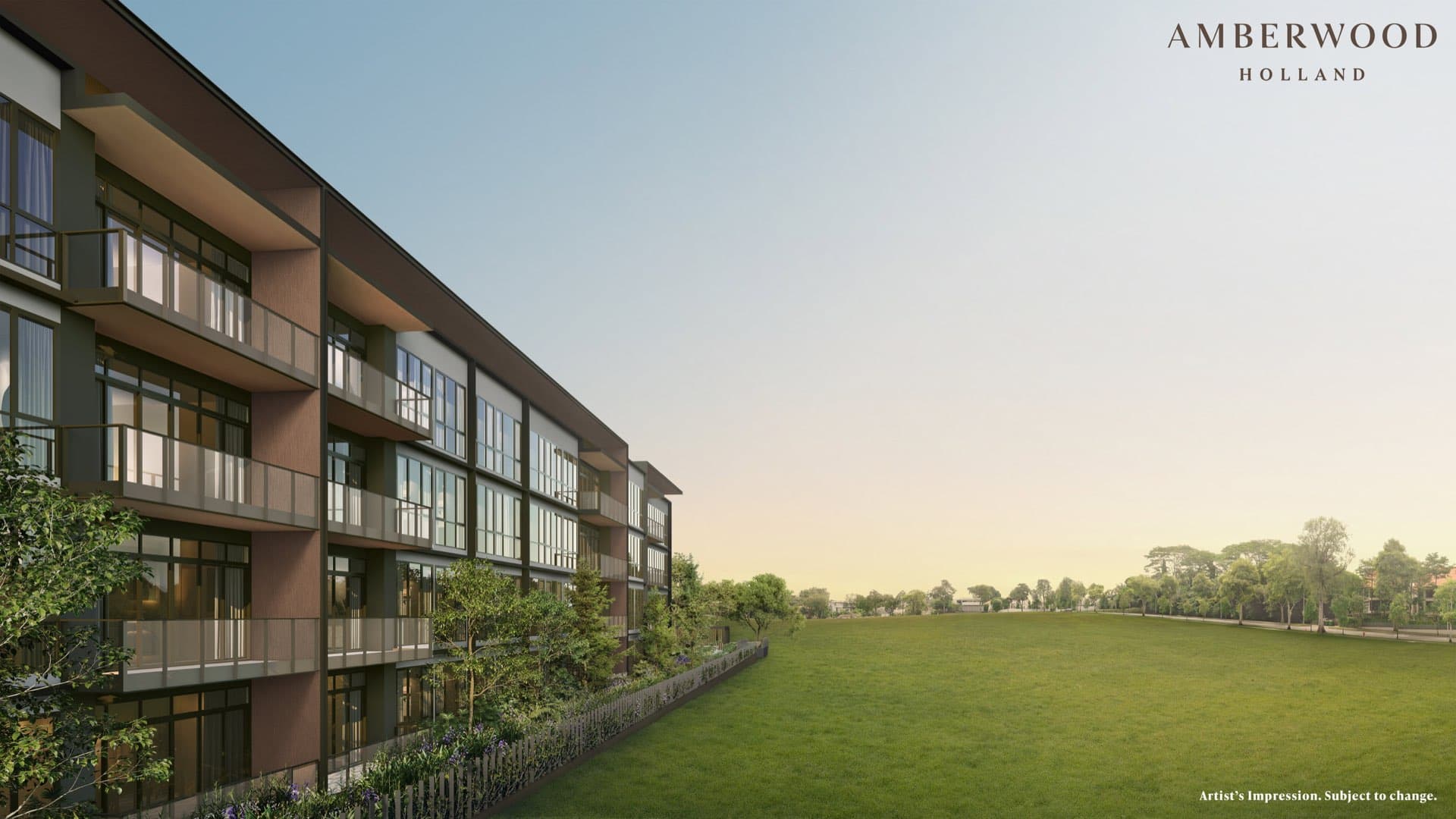 Developer render of the four-storey Amberwood at Holland block seen along its balcony facade, open lawn and treeline beyond