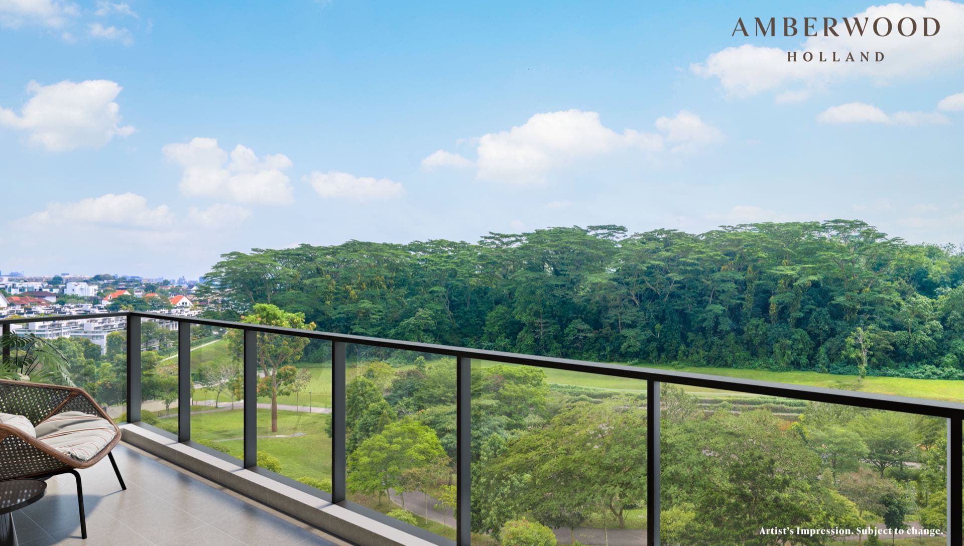 Developer render of the view from a private balcony over the adjoining parkland and tree canopy