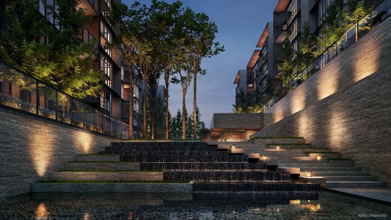 Developer render of the stepped water terrace at night between lit stone walls, the blocks rising on both sides