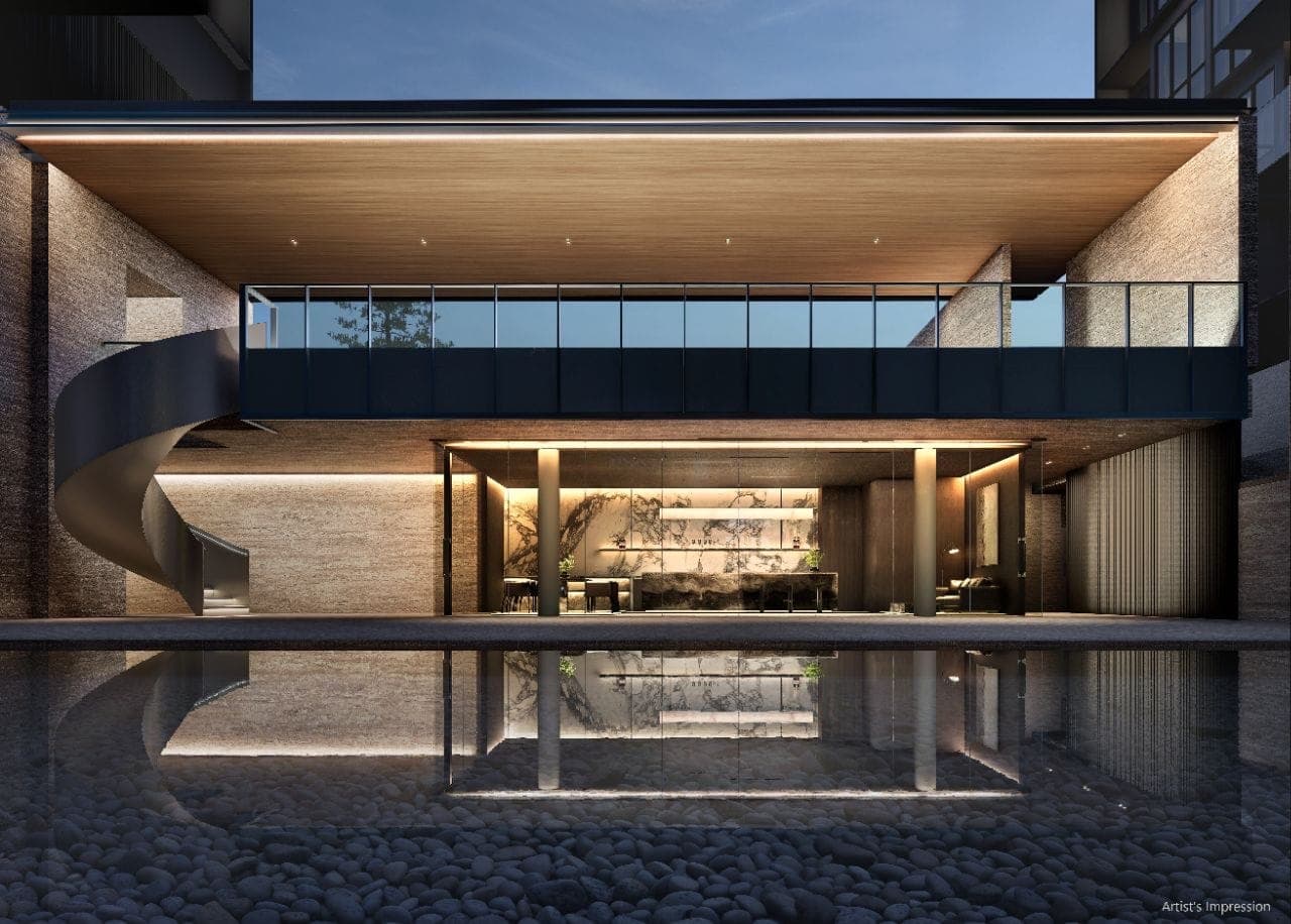 Developer render of the function studio, a glass-fronted pavilion with a spiral stair, reflected in a shallow pool