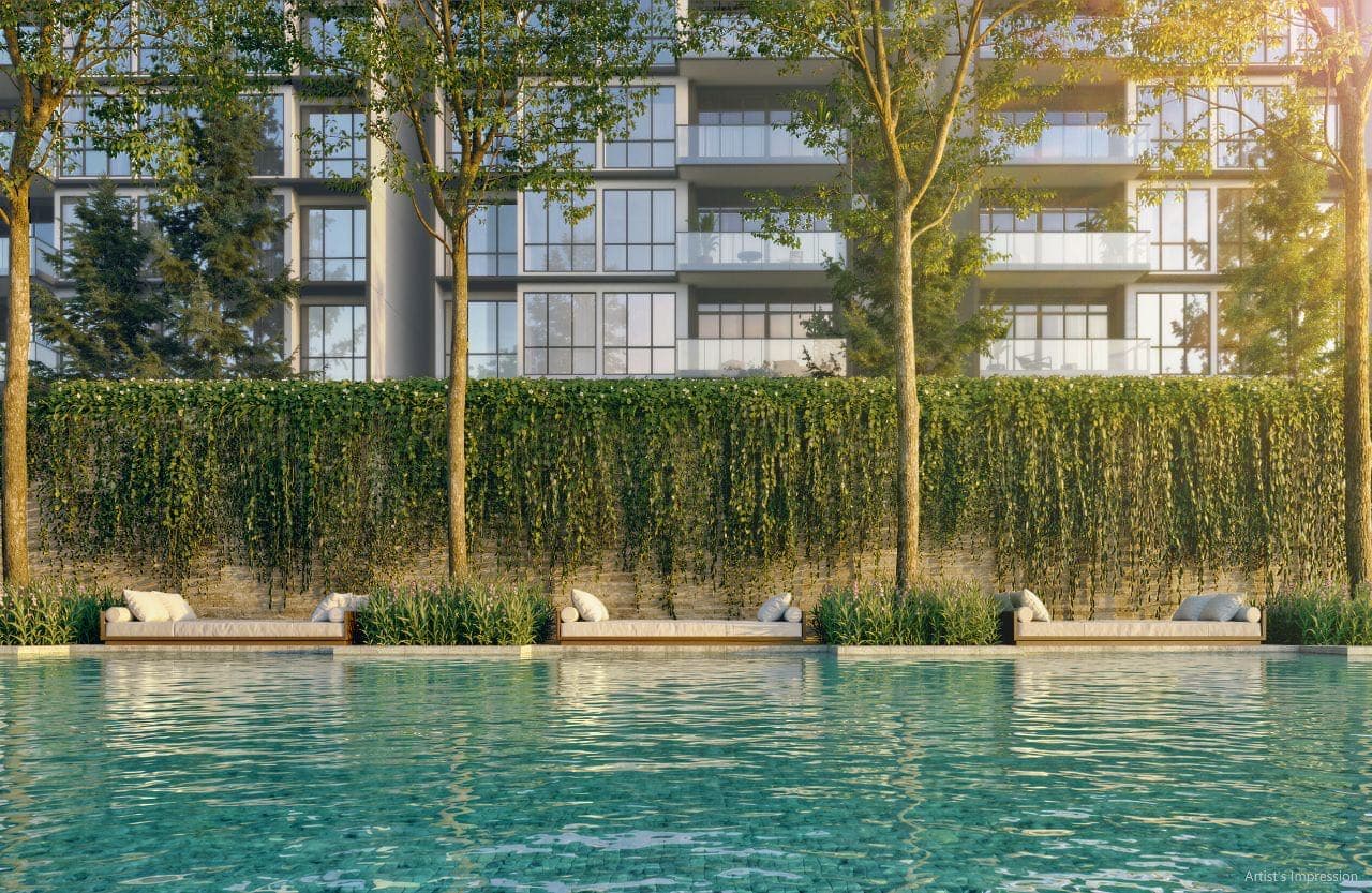 Developer render of daybeds along a planted wall at the edge of the pool, the blocks behind