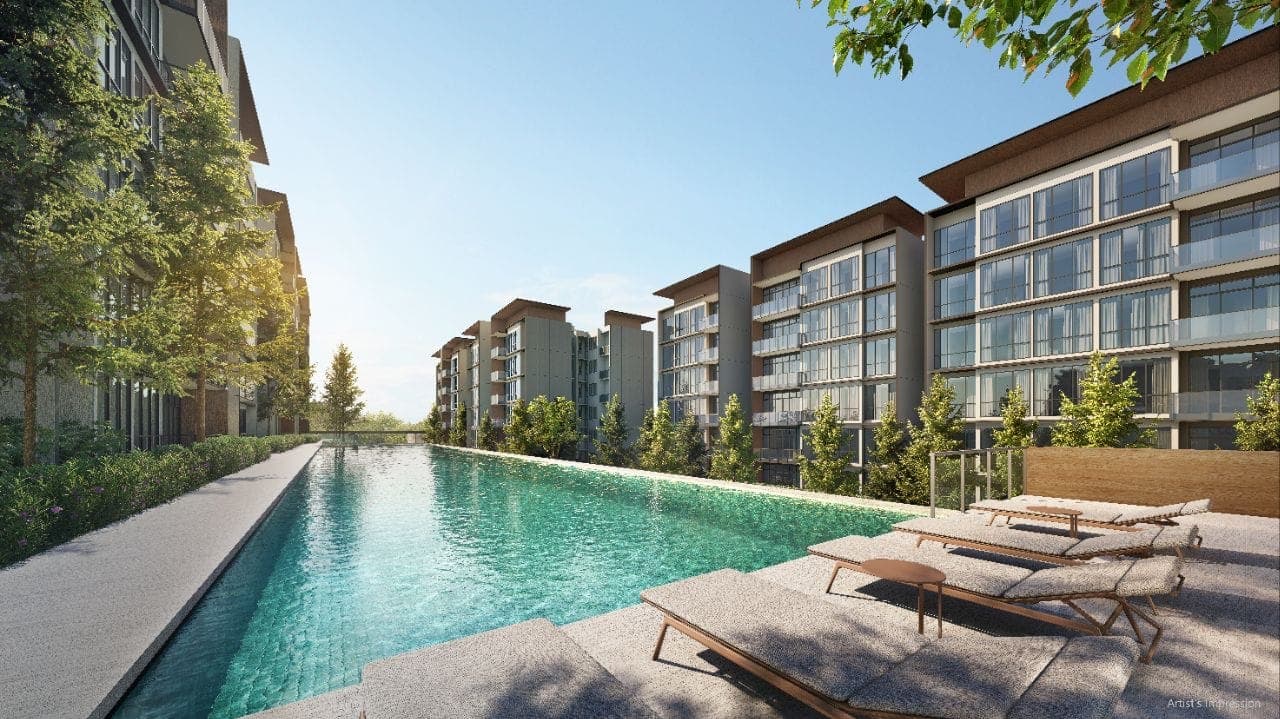 Developer render of sun loungers beside a long pool running between the blocks