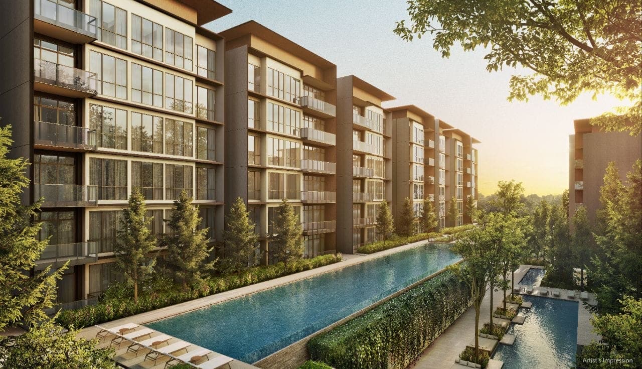 Developer render of the hilltop lap pool between the blocks in late-afternoon sun
