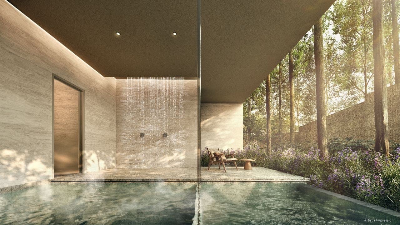 Developer render of the thermal bath under a rain shower, opening onto an outdoor bath and a wooded garden