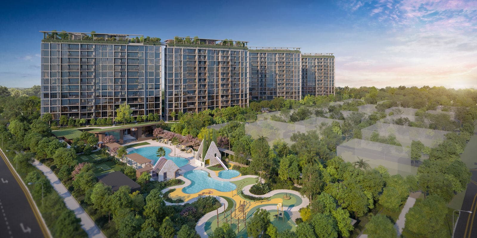Developer render of Canberra Crescent Residences seen from the air, four mid-rise blocks with planted rooftops above a pool deck and playground