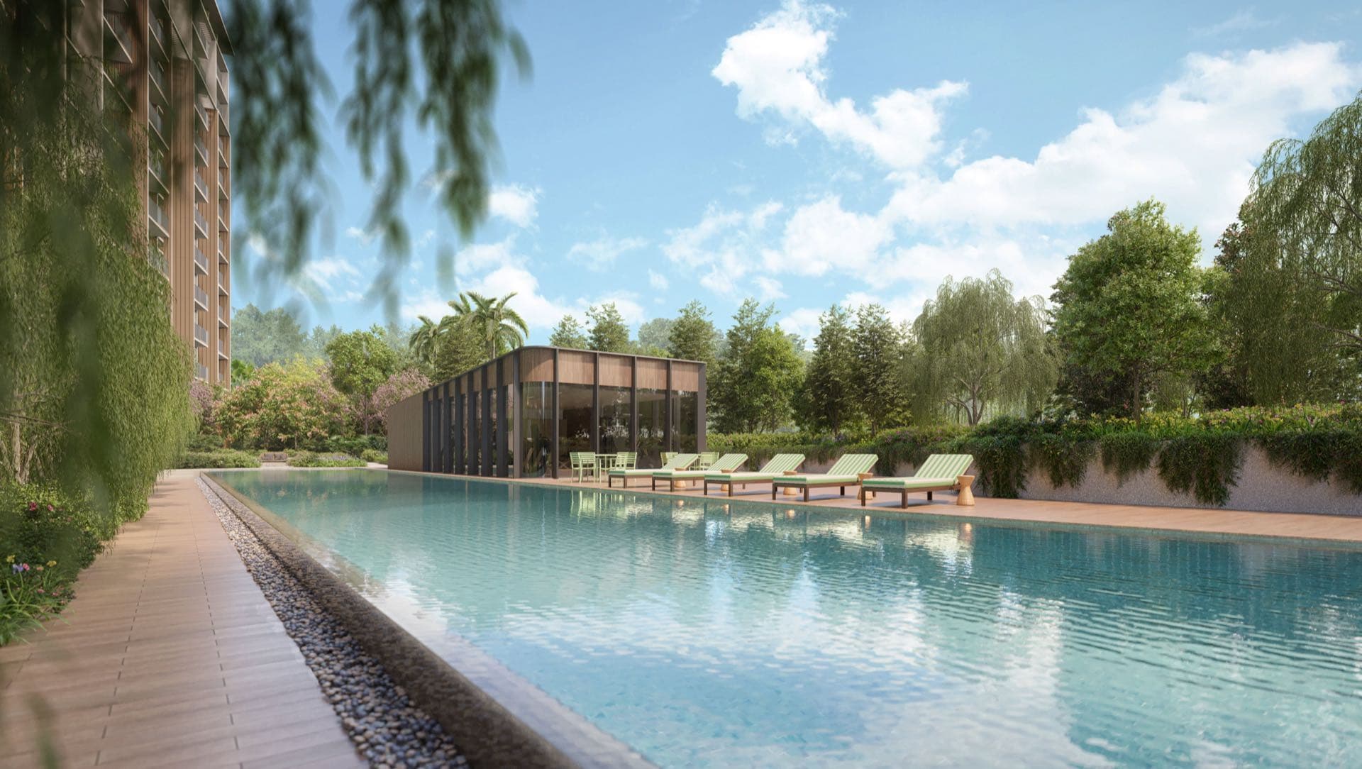Developer render of the lap pool running alongside a glazed gym pavilion, planted wall on the near side