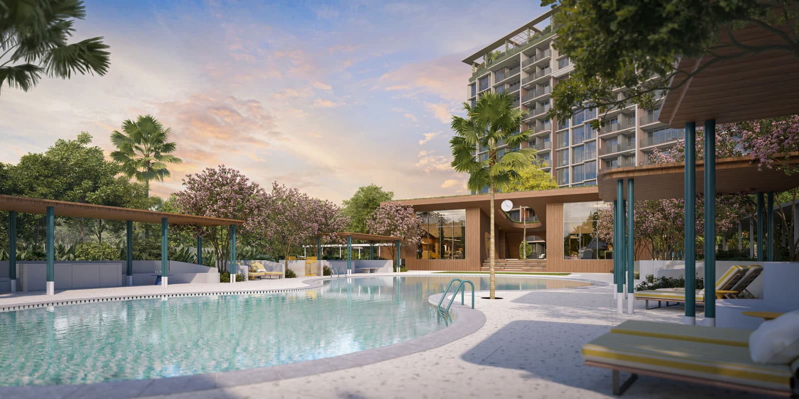Developer render of the clubhouse pool at dusk, timber-clad pavilion behind and shaded loungers along the deck