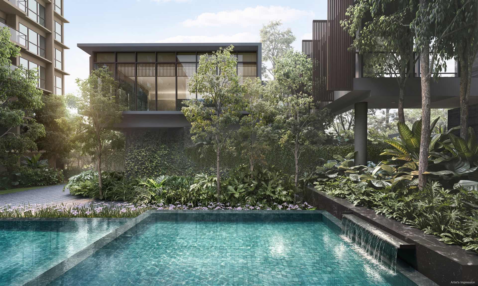 Developer render of the two-storey clubhouse across the pool