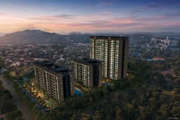 Aerial developer render of the five Dunearn House blocks at dusk, low-rise estate around them