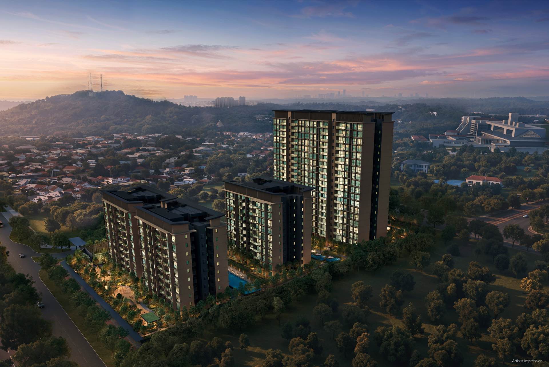 Aerial developer render of the five Dunearn House blocks at dusk, low-rise estate around them