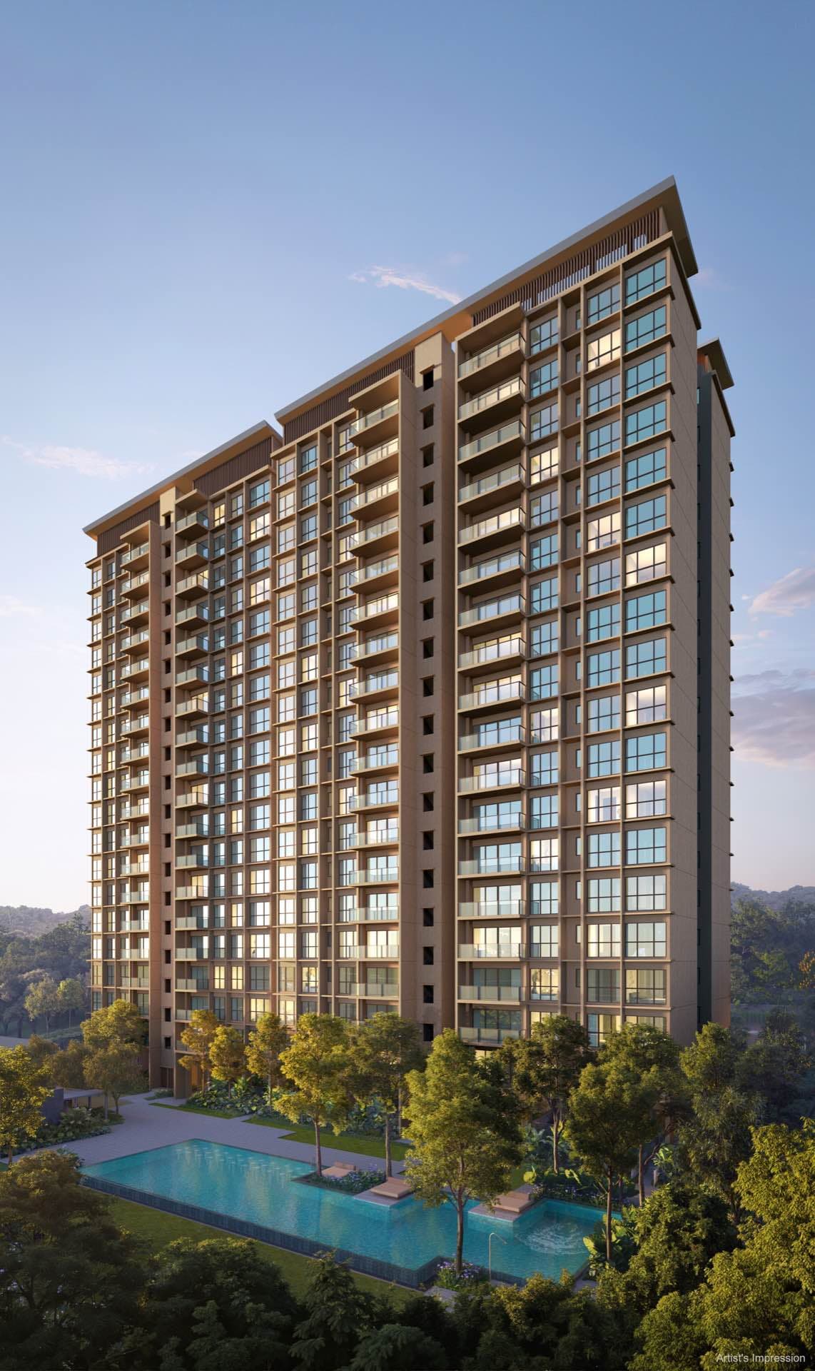 Developer render of a residential tower above the lap pool