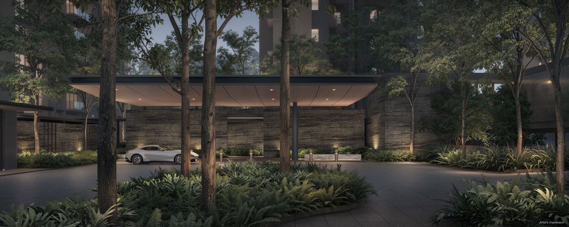 Developer render of the sheltered arrival court in the evening