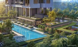 Aerial developer render of the Hudson Place Residences pool deck, clubhouse pavilions and green roofs below the tower, wooded estate beyond
