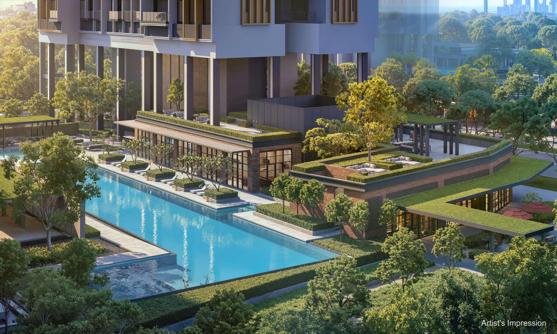 Aerial developer render of the Hudson Place Residences pool deck, clubhouse pavilions and green roofs below the tower, wooded estate beyond