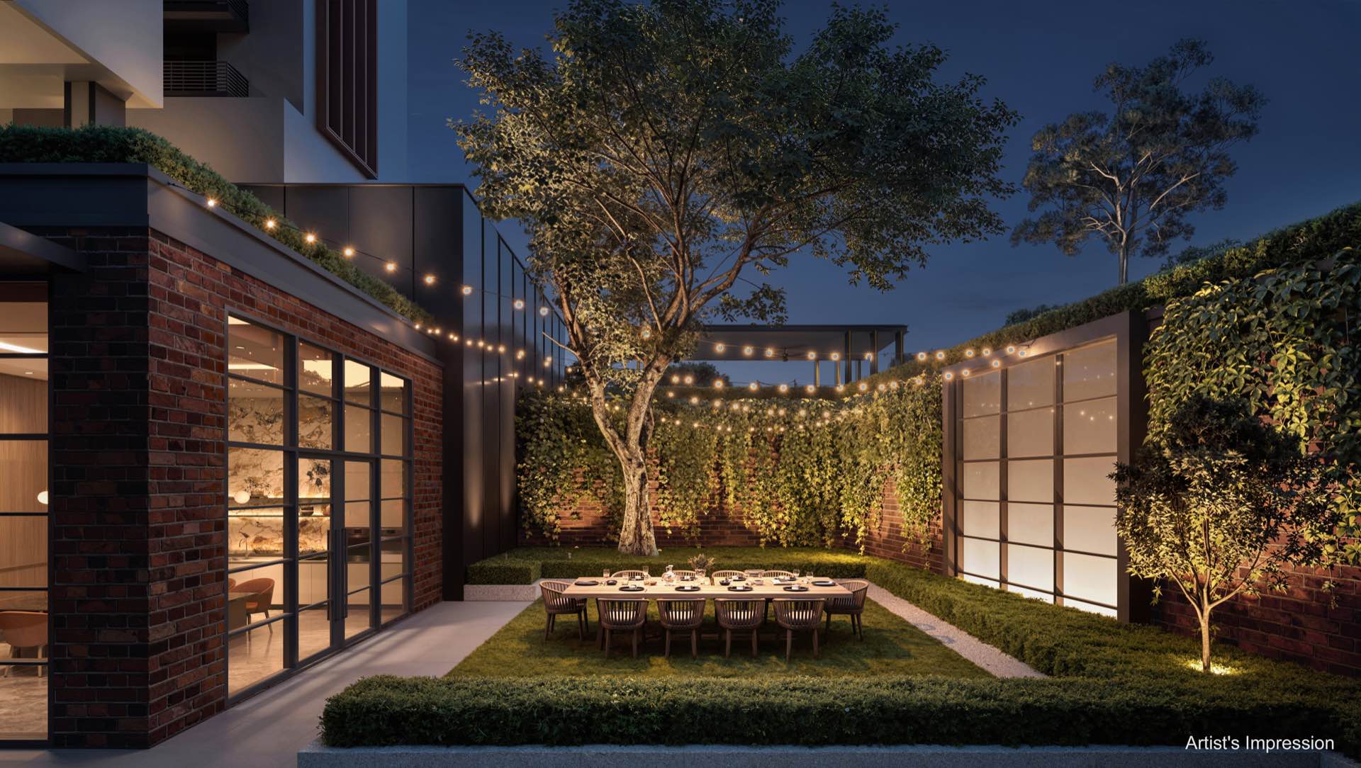 Developer render of the courtyard dining lawn at night, communal table under festoon lights