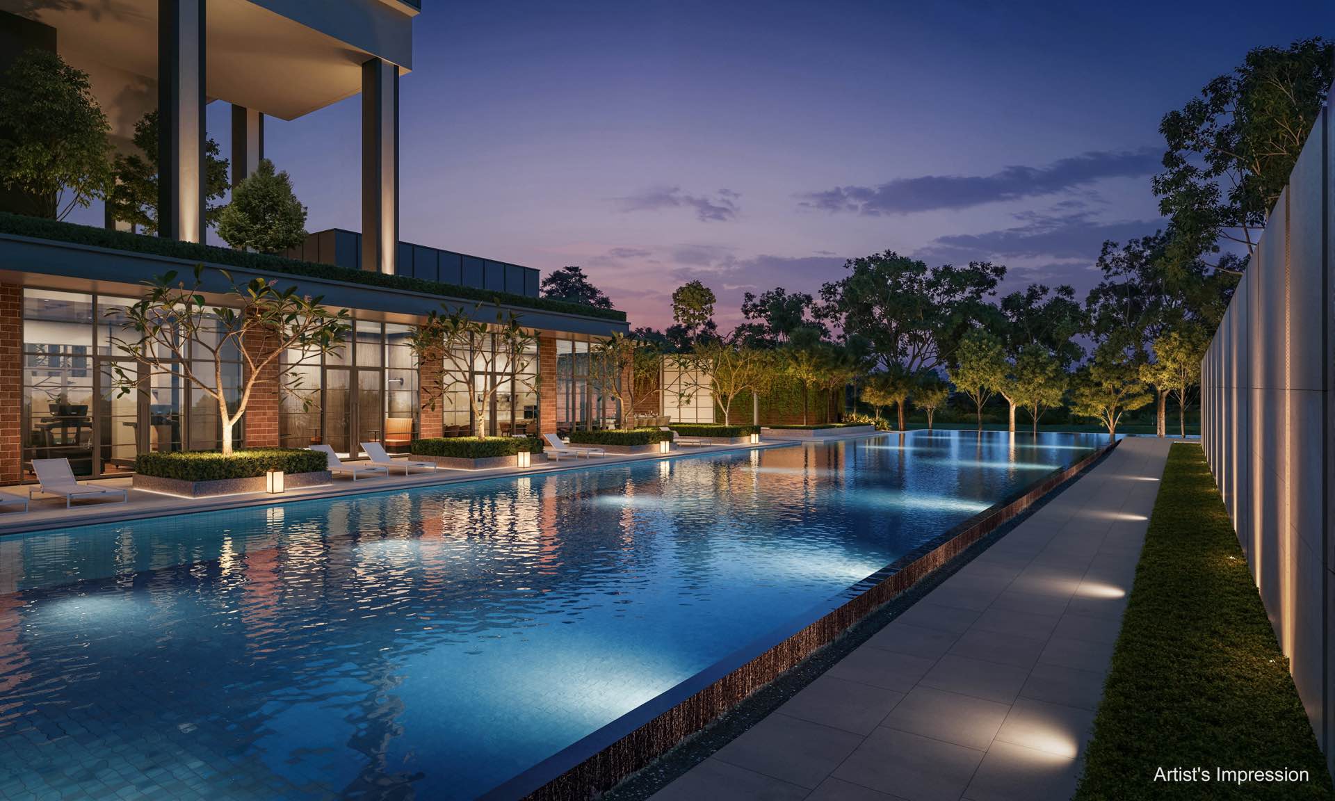 Developer render of the 50-metre lap pool at dusk with the clubhouse wing alongside