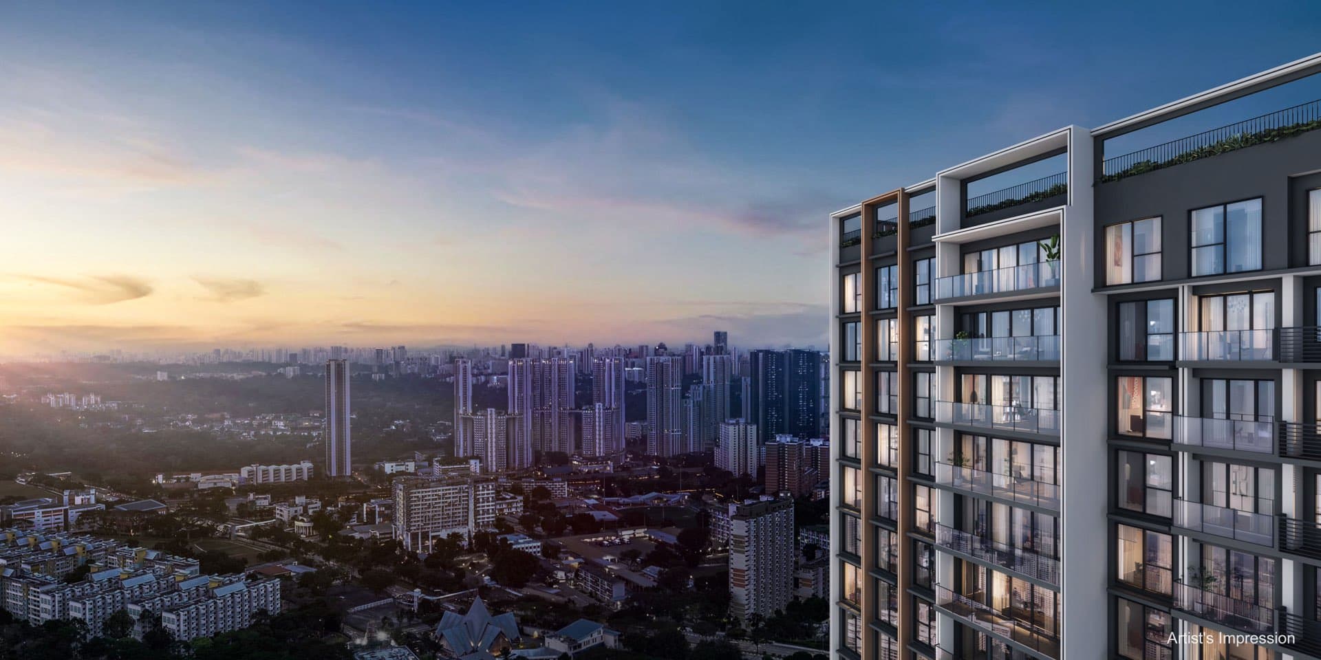 Developer render of the tower facade and roof terraces at dusk, low-rise estate and city skyline in the distance