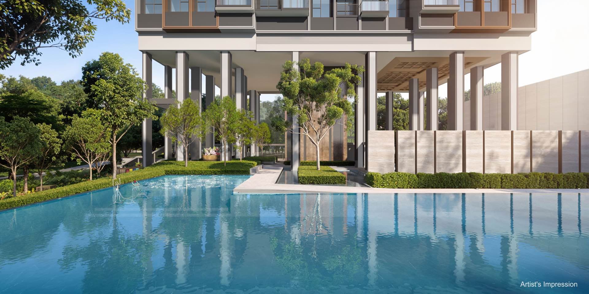Developer render of the pool below the tower's columned open base in daylight