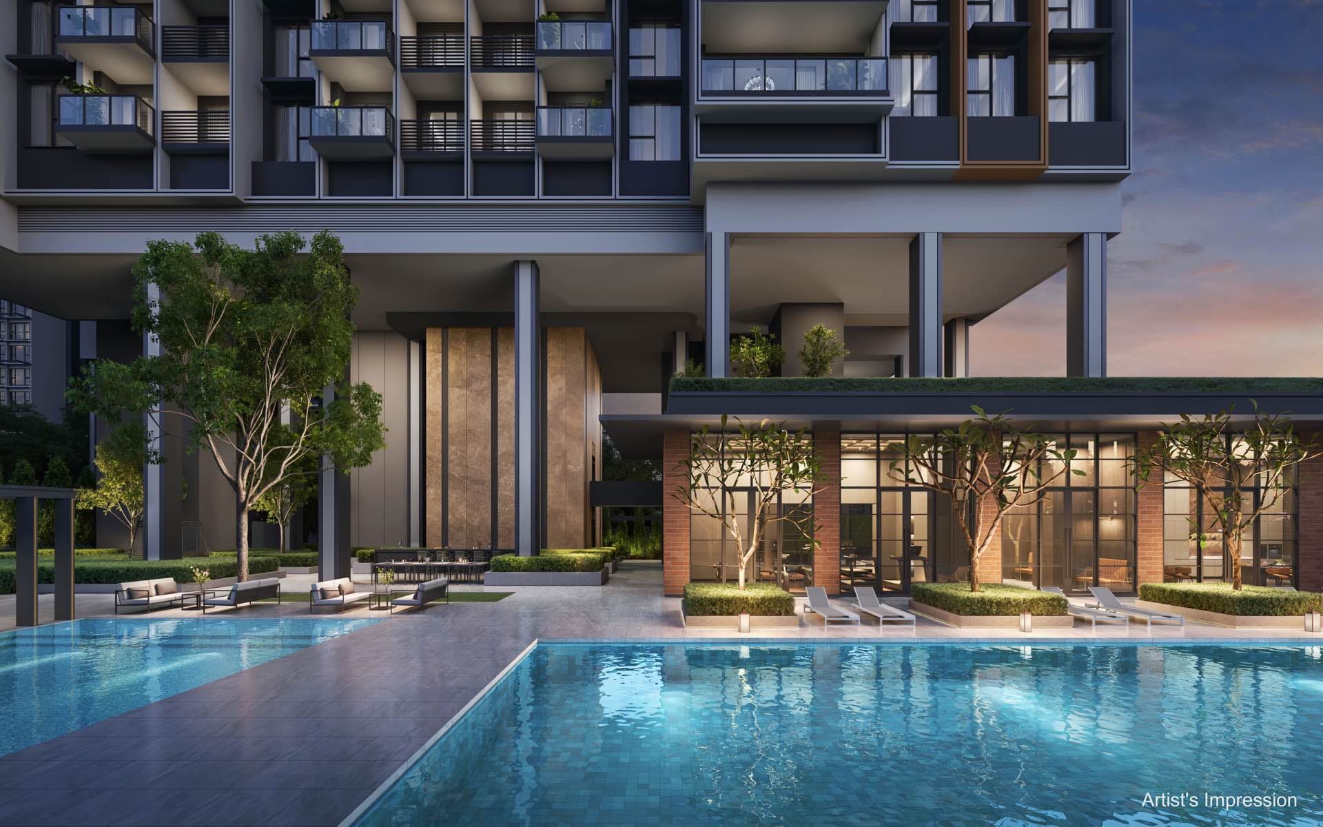 Developer render of the pool deck at dusk, tower base and lit clubhouse to one side