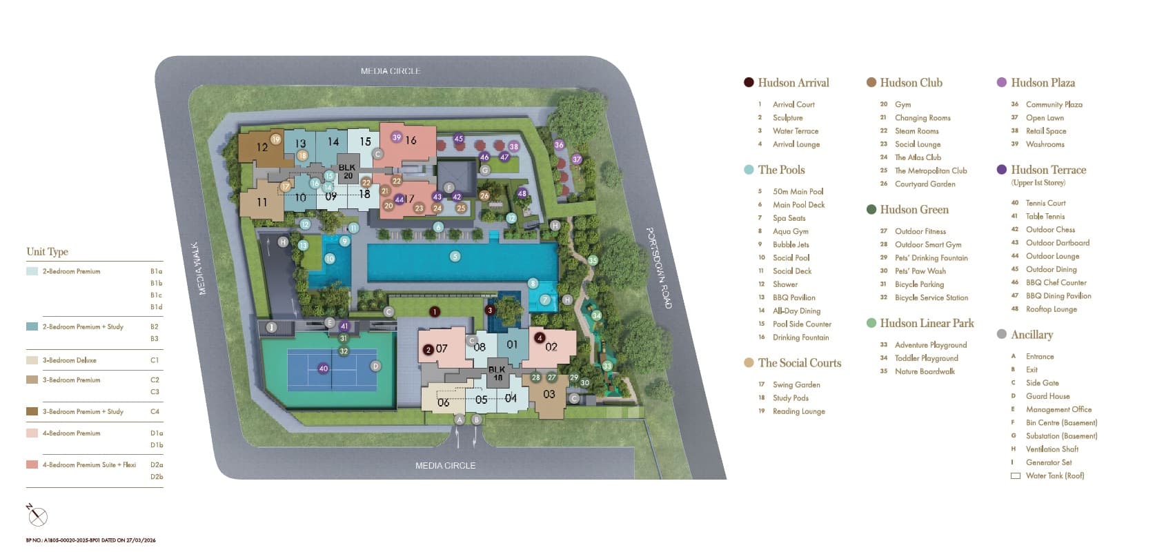 Illustrated site plan of Hudson Place Residences with facilities marked
