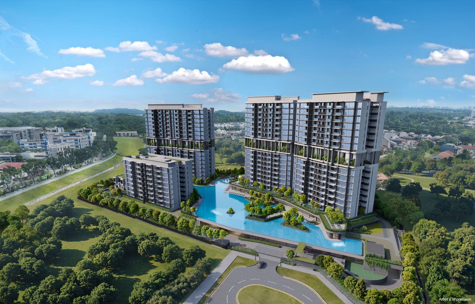 Aerial developer render of Lentor Gardens Residences towers and grounds