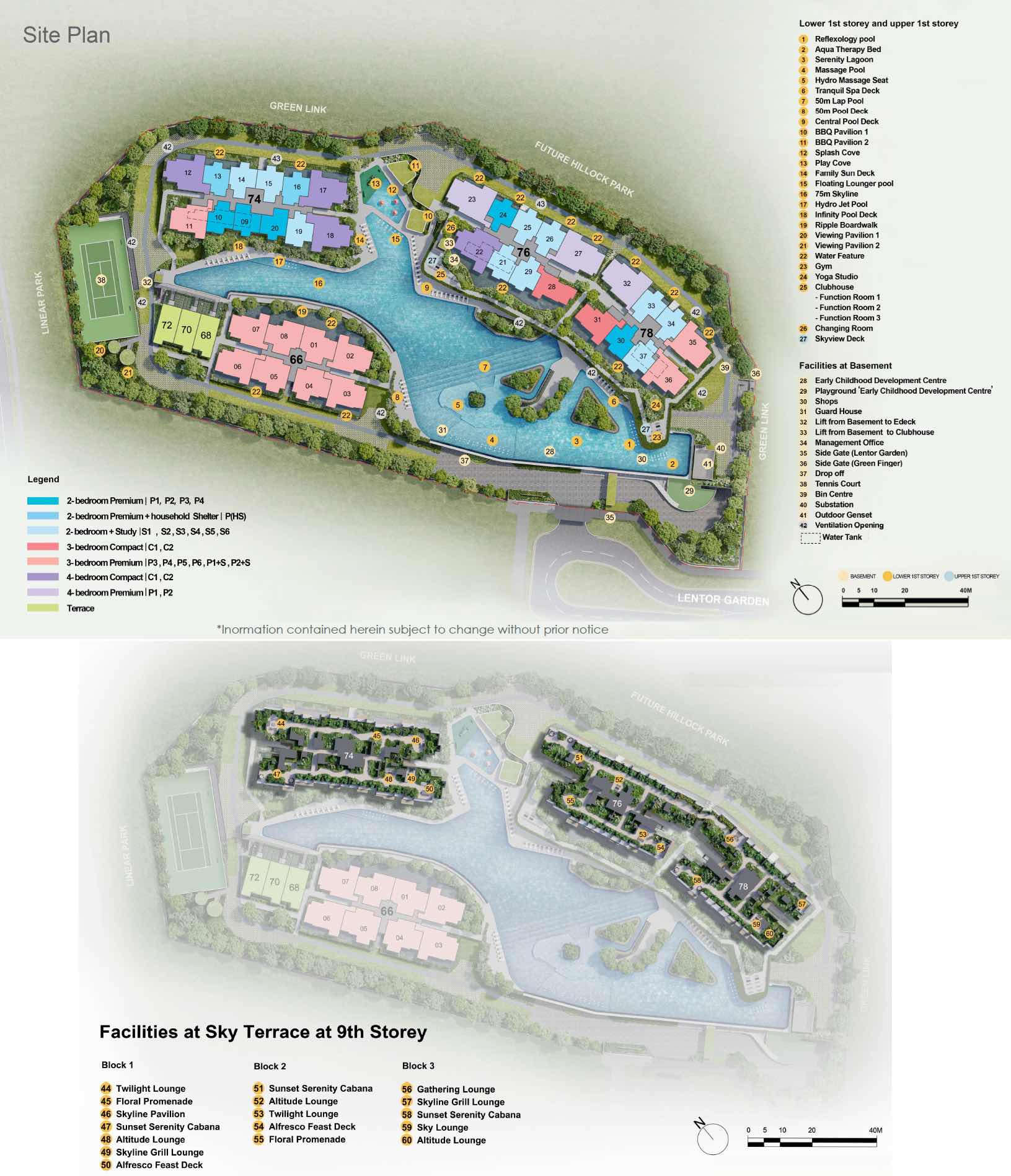 Illustrated site plan of Lentor Gardens Residences with facilities marked, and the ninth-storey sky terrace plan below