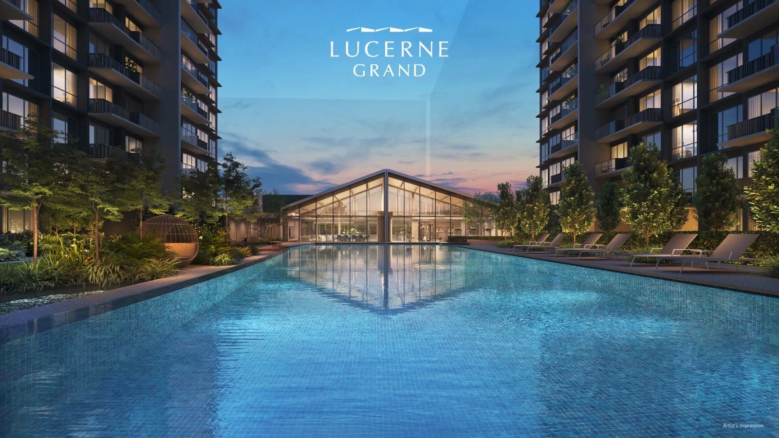 Developer render of the lap pool and glasshouse clubhouse at dusk