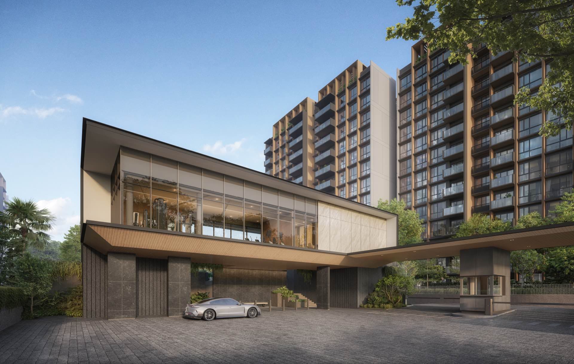 Developer render of the sheltered arrival drop-off with the clubhouse above and the blocks behind