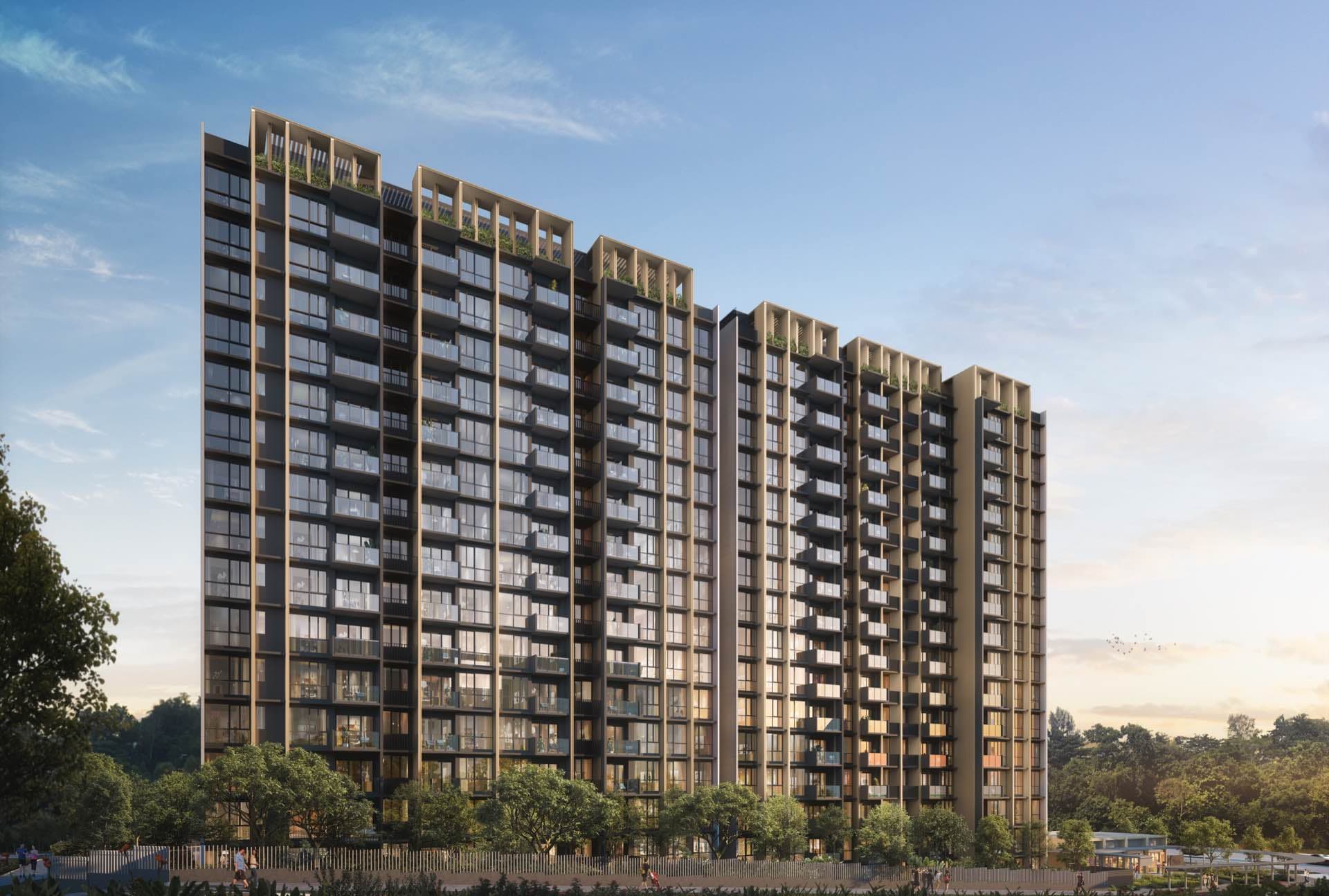 Developer render of the Narra Residences blocks at dusk, mature trees and a boundary path in the foreground