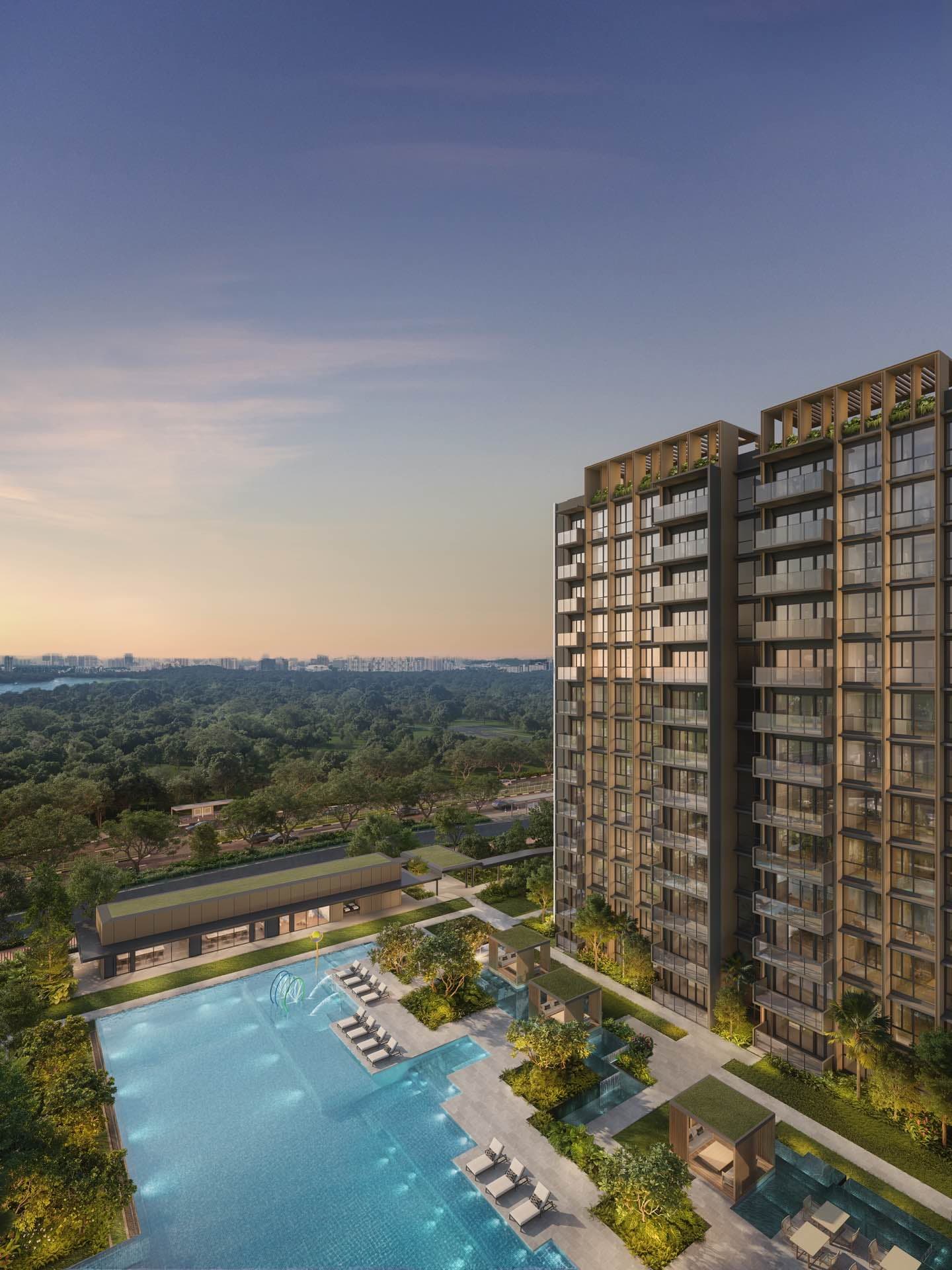 Aerial developer render at dusk of the pool deck and clubhouse wing, parkland and the distant skyline beyond