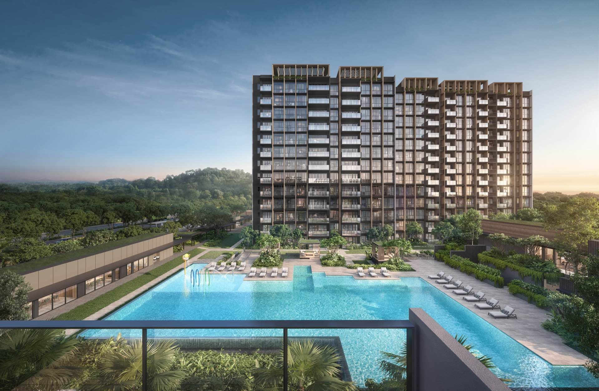 Developer render of the main pool and lap lane at dusk with the residential blocks behind