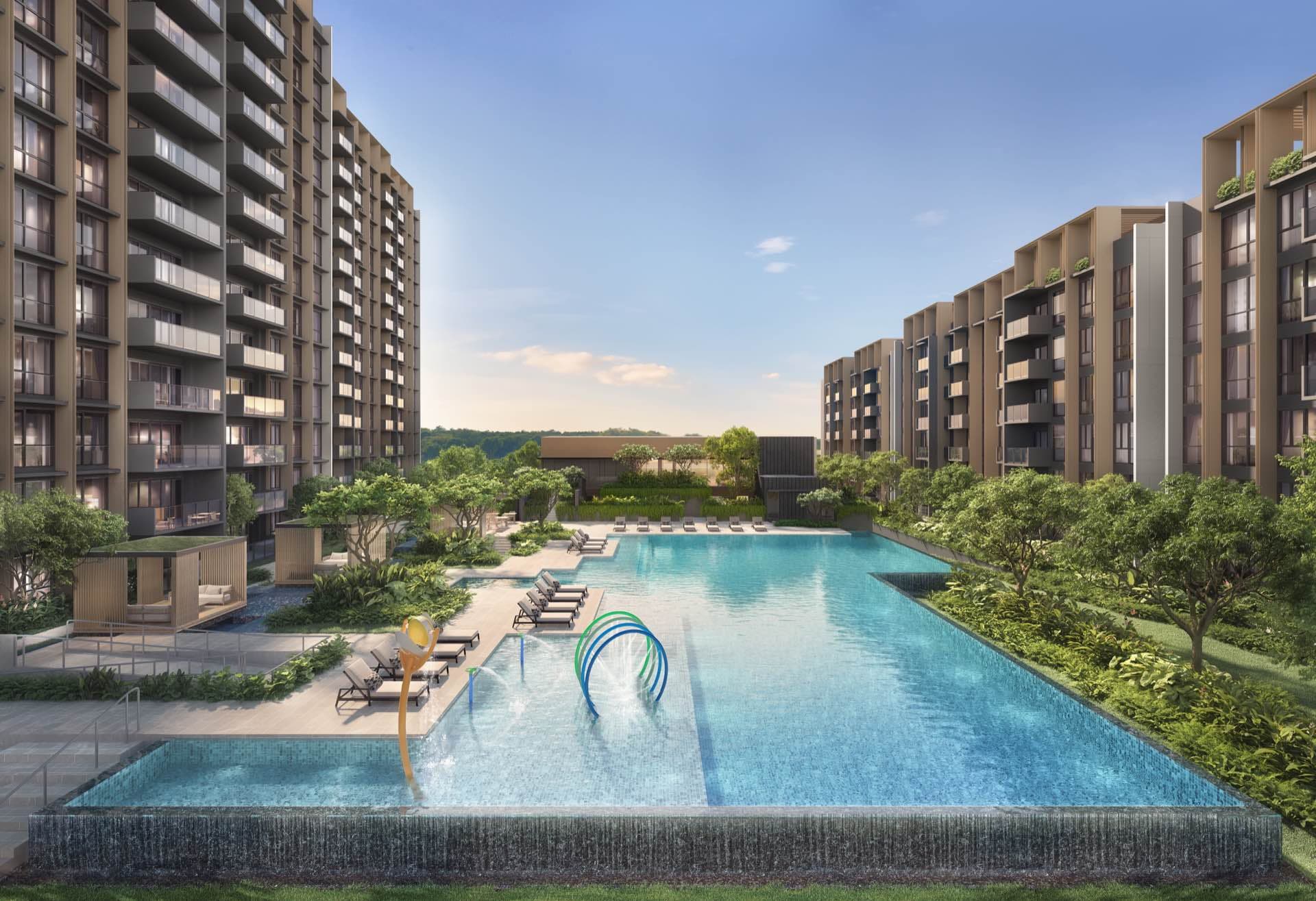 Developer render of the pool courtyard between two blocks, with cabanas and a water play feature