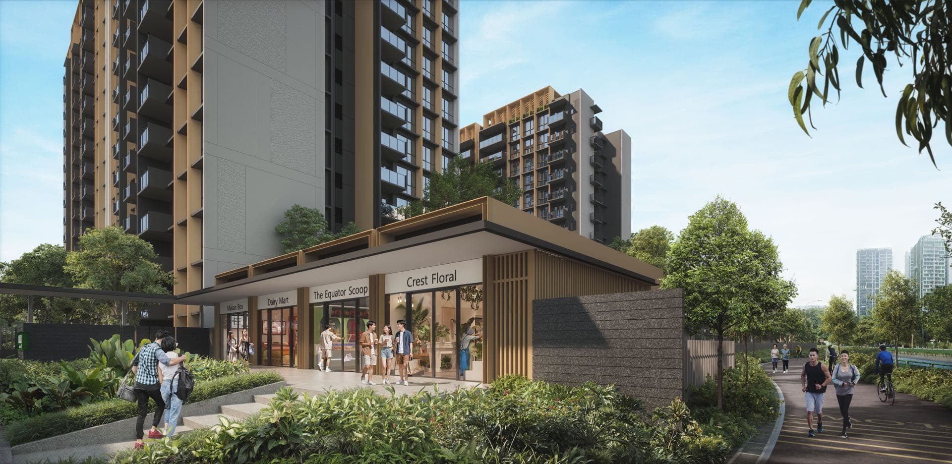 Developer render of the ground-floor shops beside the park connector