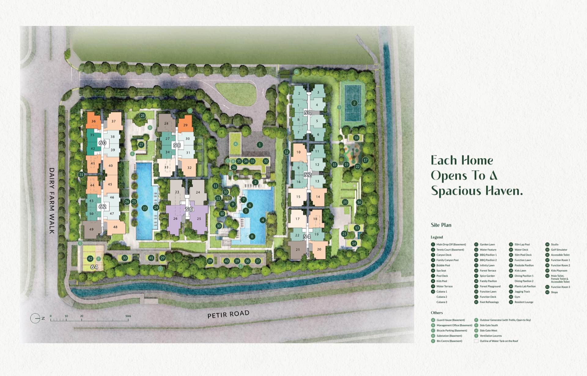 Illustrated site plan of Narra Residences with the blocks numbered and facilities marked in the legend