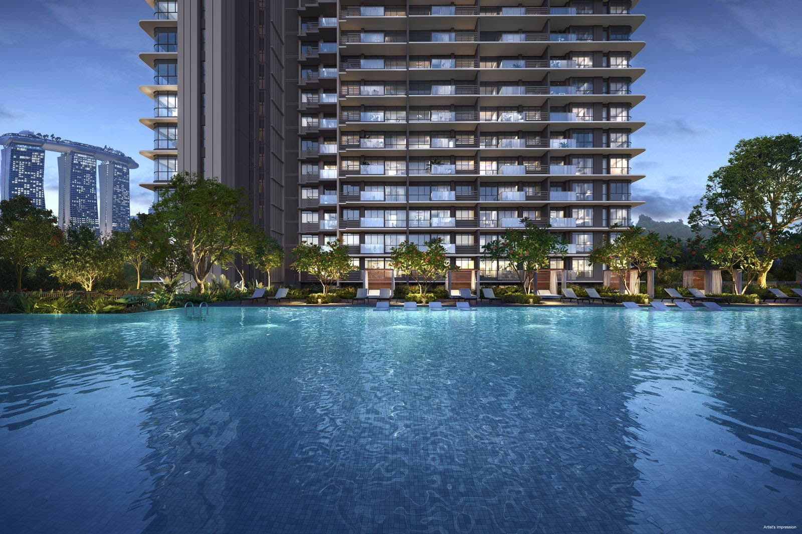 Developer render of the lap pool at dusk, tower facade behind and Marina Bay Sands on the horizon