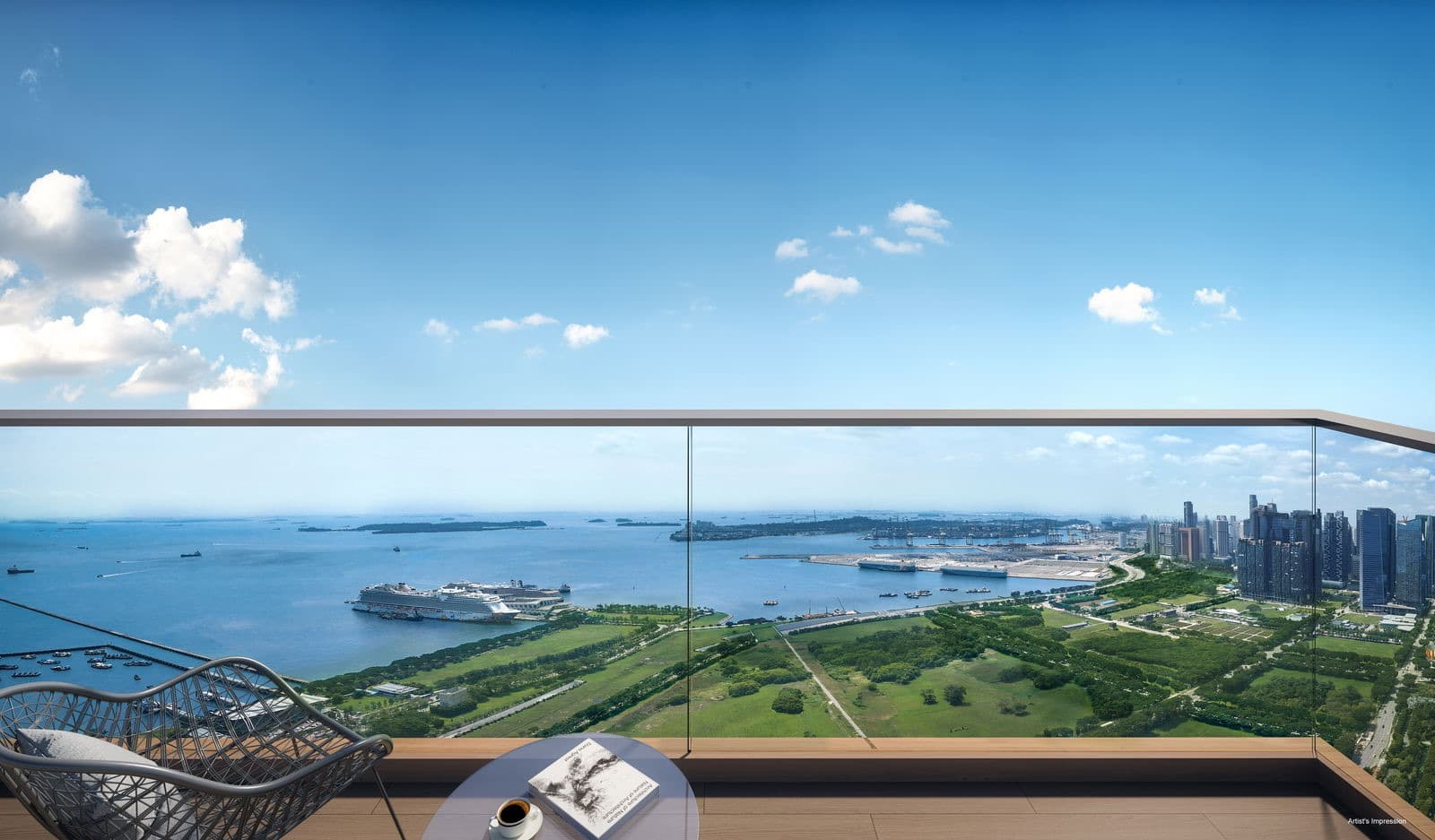 Developer render of a balcony looking south over the sea and the Marina South parkland