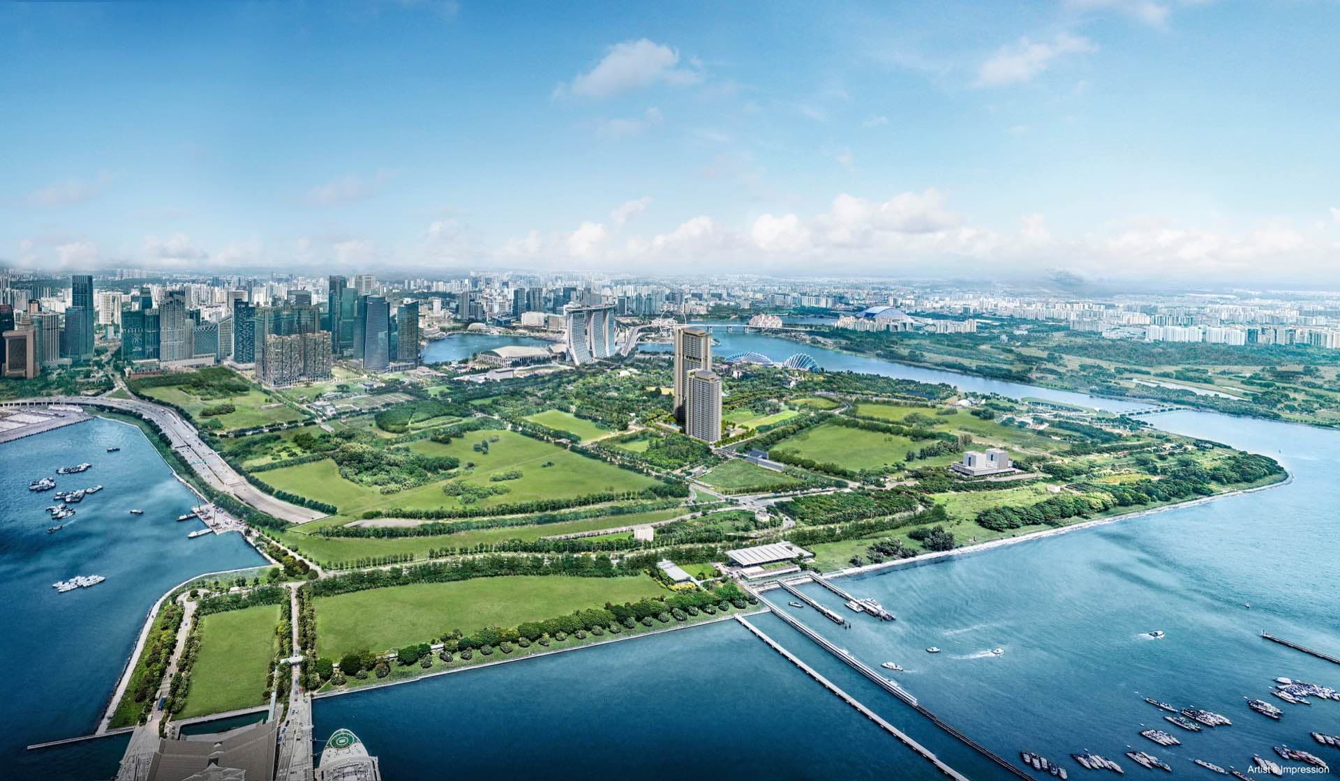 Aerial developer render of the two One Marina Gardens towers in Marina South, with Gardens by the Bay and the city skyline beyond