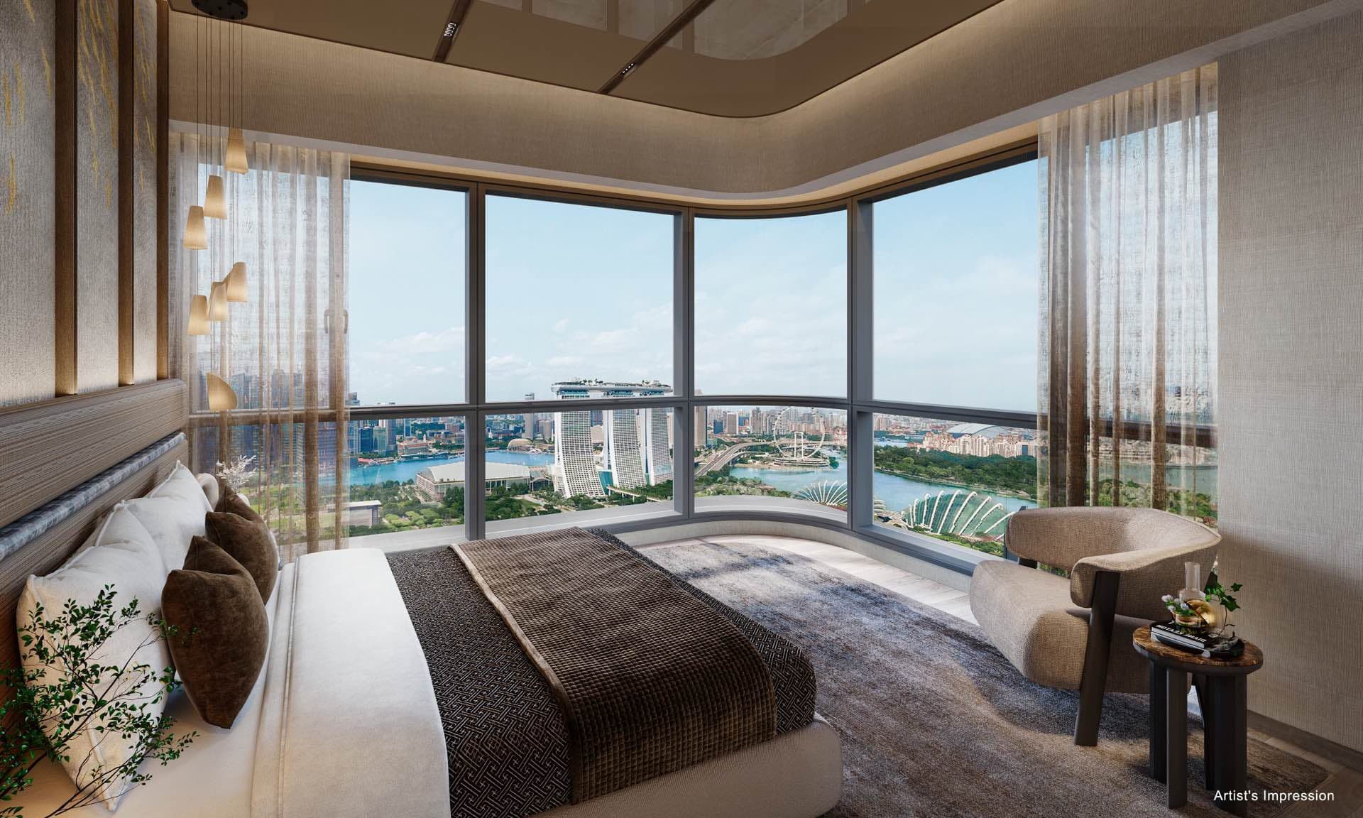 Developer render of a bedroom with curved corner glazing looking over Marina Bay and Gardens by the Bay