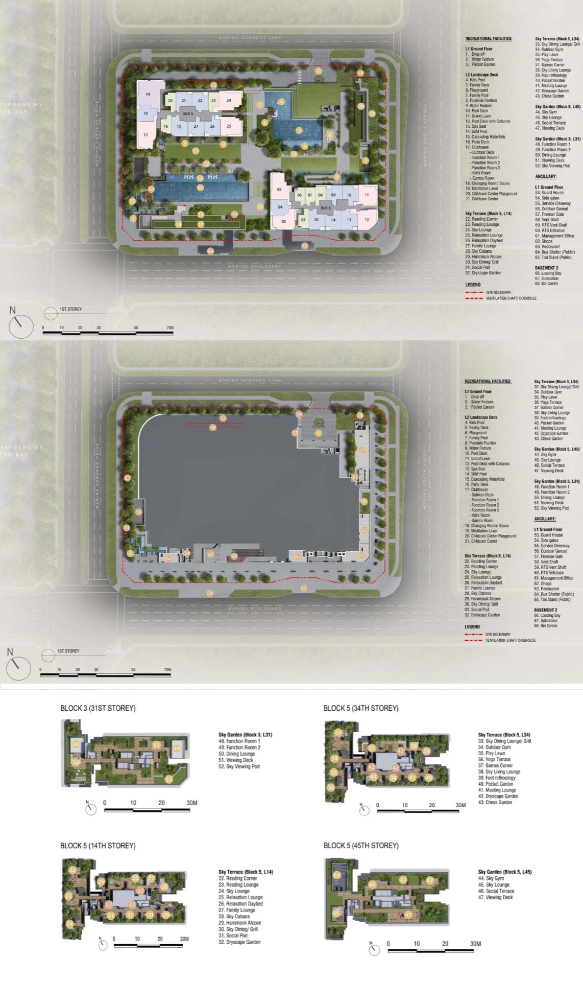 Illustrated site plan of One Marina Gardens: the storey plan with its facilities legend, and the four sky-terrace plans