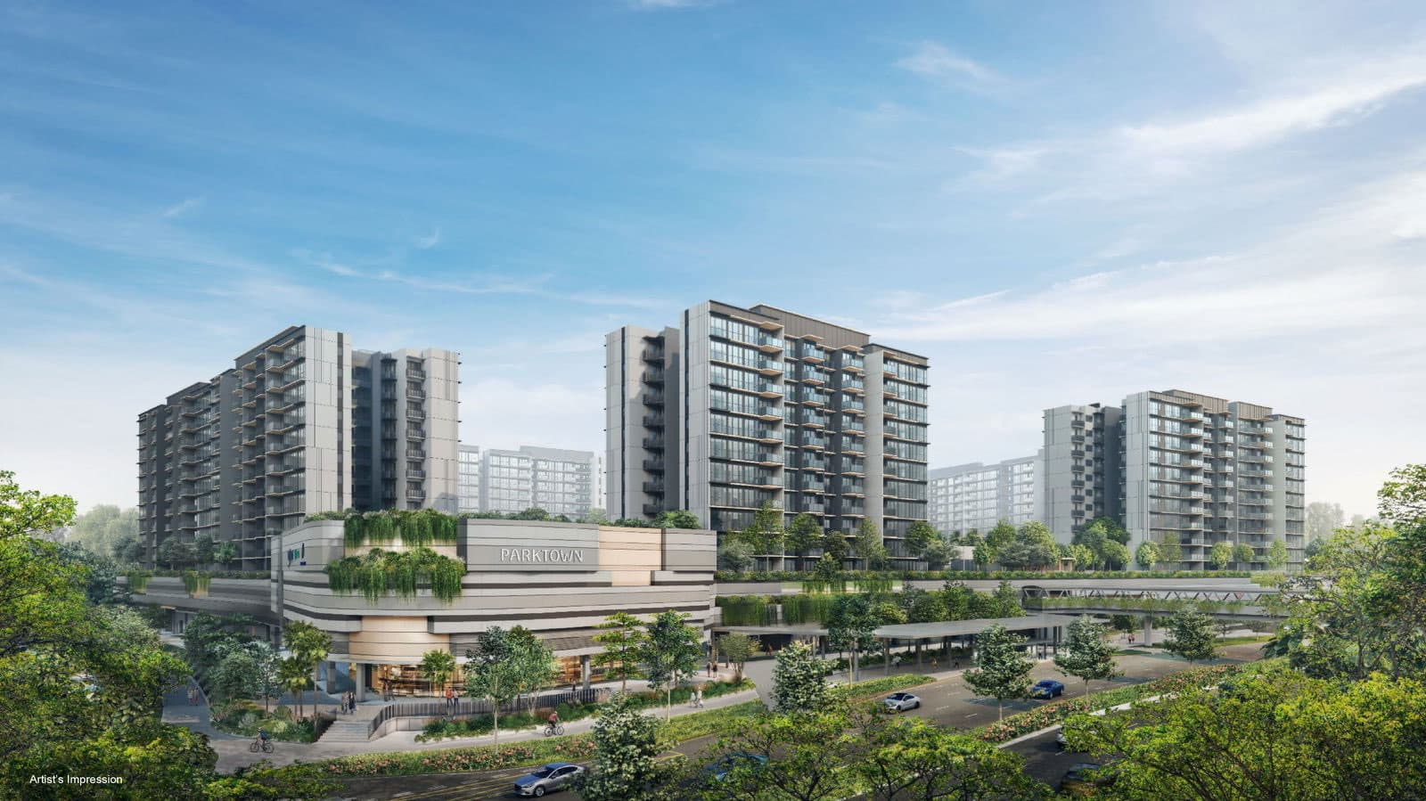 Aerial developer render of Parktown Residence towers above the podium