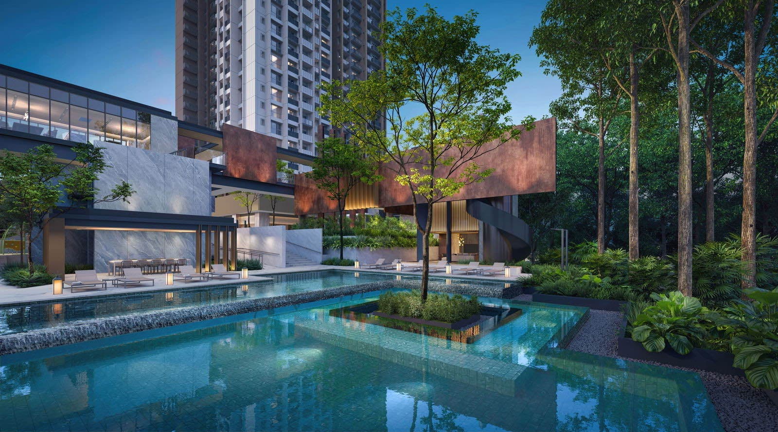 Developer render of the pool terrace at dusk, clubhouse to one side and the tower rising behind