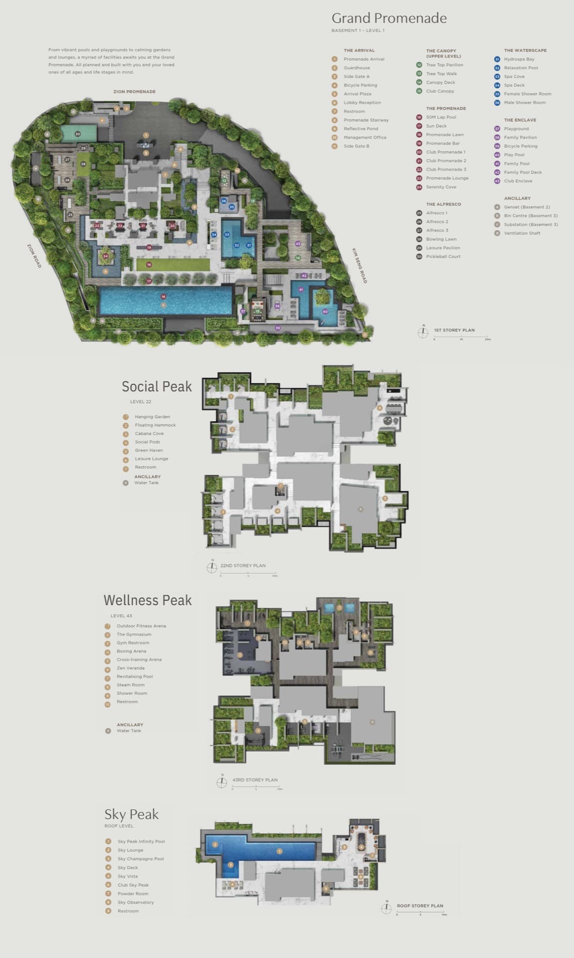 Illustrated site plan of Promenade Peak: the first-storey grounds with the level 22, level 43 and roof sky terraces, facilities marked