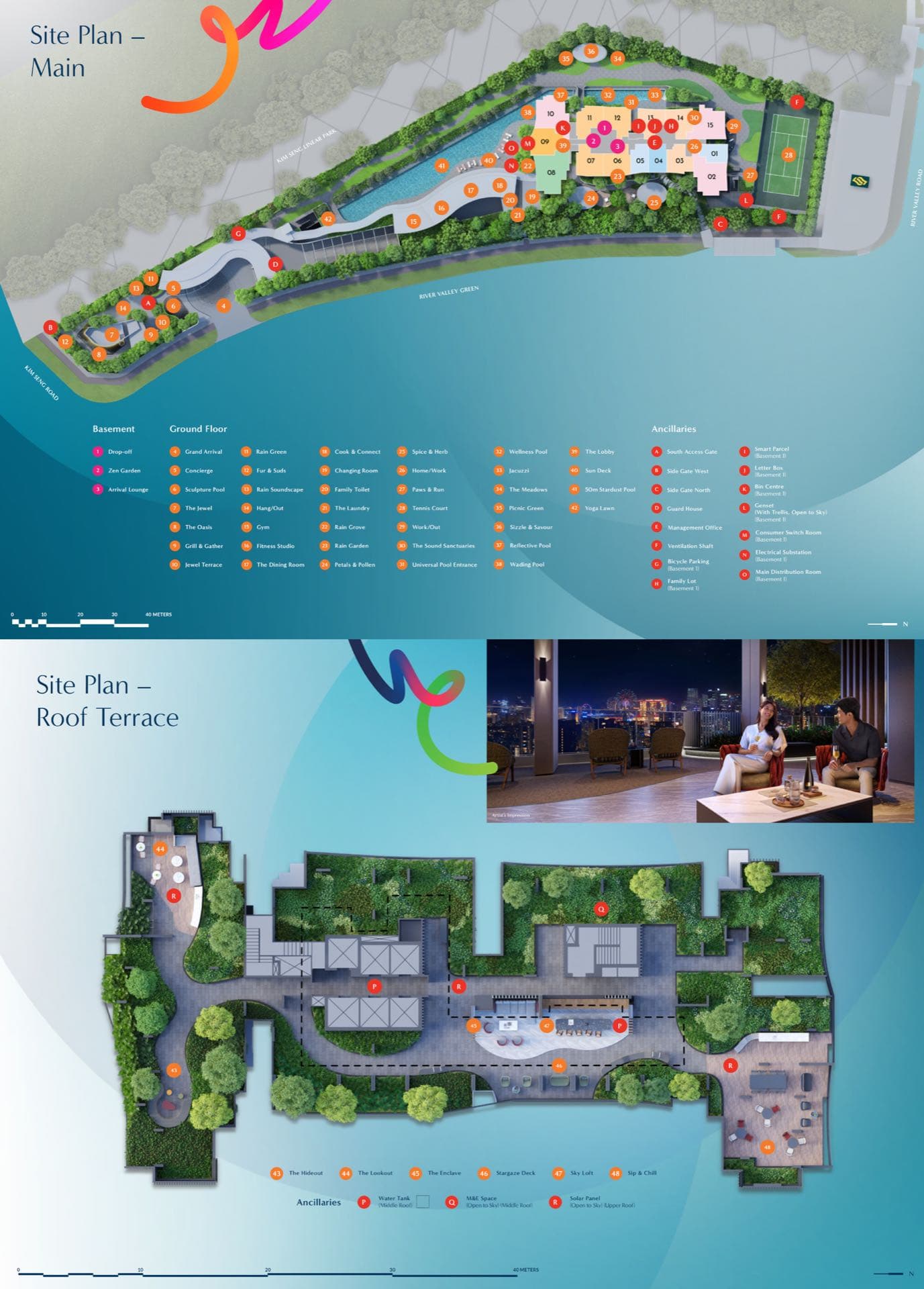 Illustrated site plan of River Green with main level and roof terrace facilities marked