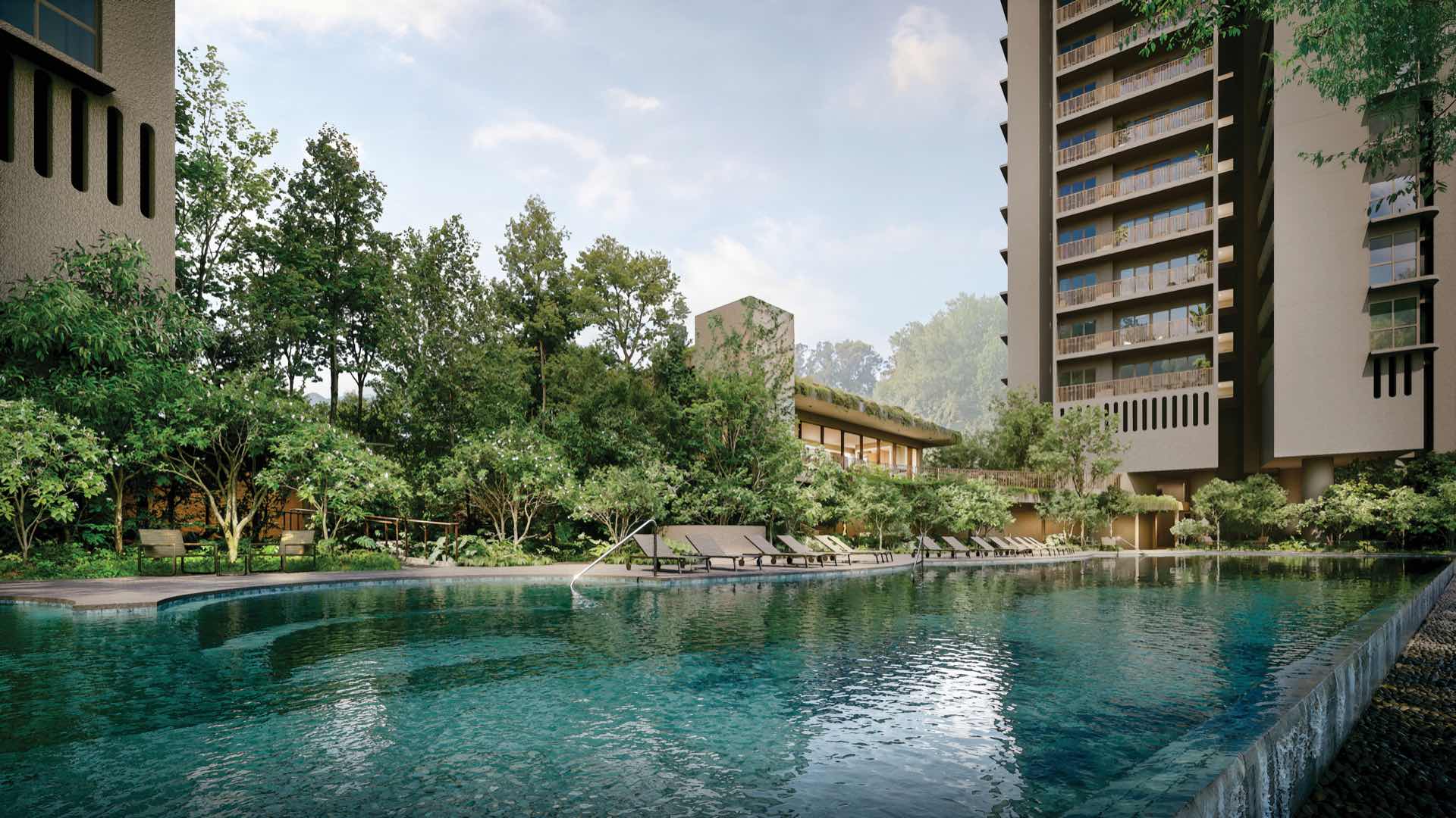 Developer render of the pool and sun deck below the tower, with the clubhouse pavilion beyond