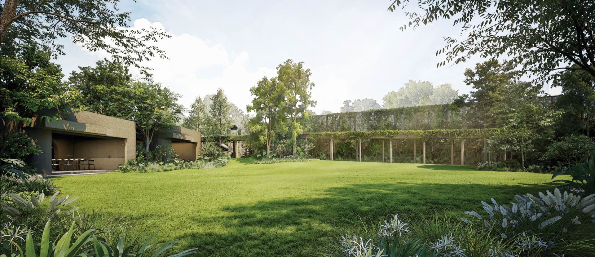 Developer render of the lawn with the gourmet pavilion on one side and a planted trellis walk on the other