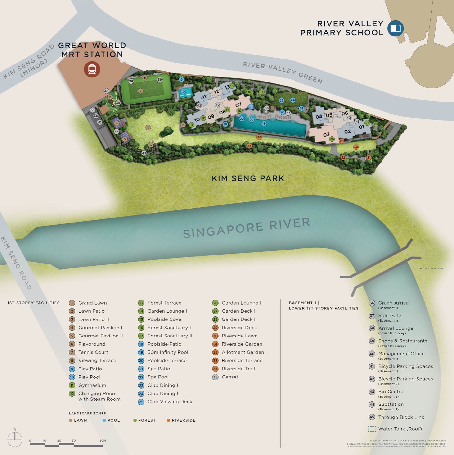 Illustrated site plan of River Modern with the blocks, facilities and landscape zones marked