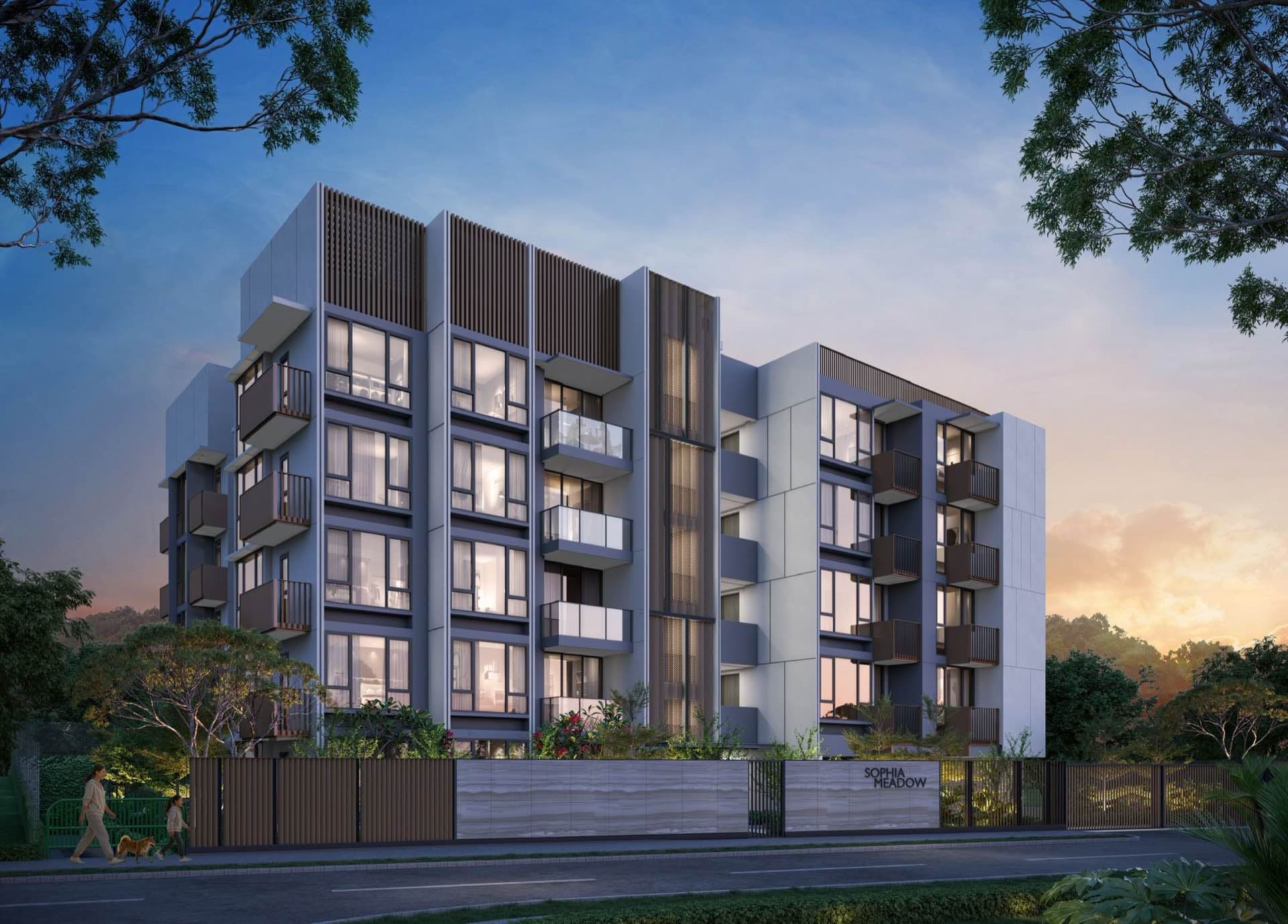 Developer render of the five-storey Sophia Meadow block at dusk, seen from Sophia Road behind its boundary wall
