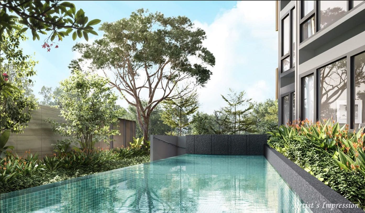 Developer render of the lap pool at ground level, with planting and mature trees along the boundary
